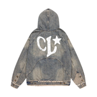 Denim jacket with 'CL' logo on the back against a white background